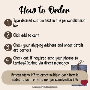 May include: A how-to guide for ordering personalized items. The steps are numbered 1 through 4. The steps include: 1. Type desired custom text in the personalization box, 2. Click add to cart, 3. Check your shipping address and order details are correct, 4. Check out. If required send your photos to Lambsy&Daphne via direct messages. The text also states: Repeat steps 1-3 to order multiple, each item is added to cart with its own personalization info.