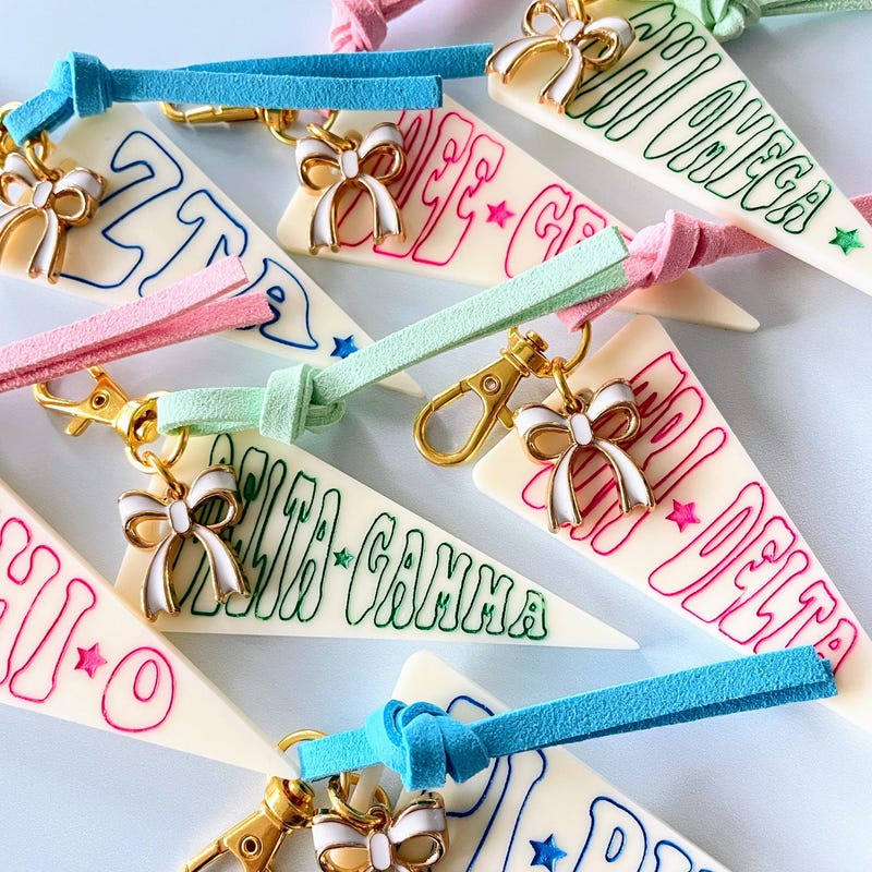 Sorority Pennant Keychain, Personalized Greek Letters Keychain with Bow Charm