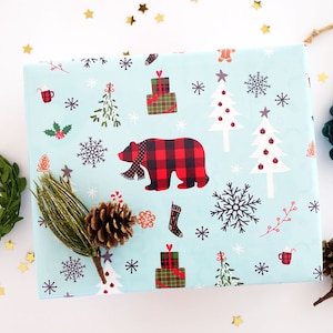 Holiday Gift Wrap, Christmas Wrapping Paper, Buffalo Plaid Bear Gift Wrap, Buffalo Plaid Bear Wrapping Paper Rolls