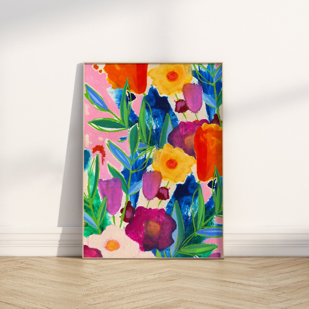 Printable Floral Art | Pink Grunge Wall Art | Colorful Floral Art ...