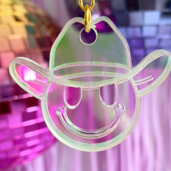 Smiley Face with Cowboy Hat Iridescent Acrylic Keychain I Cute Keychain I Smiley Face wearing Cowboy Hat I Girl Gift I Gift for Girlfriend