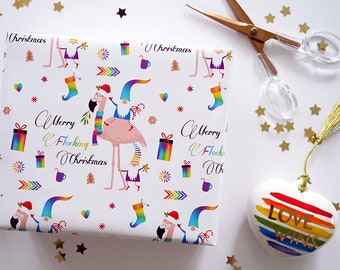 PRIDE Christmas Flamingo Wrapping Paper, Merry Flocking Christmas Gift Wrap, Pride Holiday Gift Wrap, LGBTQ Gift, Pride Christmas Gift Wrap