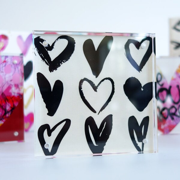 Hand-Drawn Hearts Acrylic Block, 4x4, Double-Sided, Valentine's Day decor by Jennifer McCully