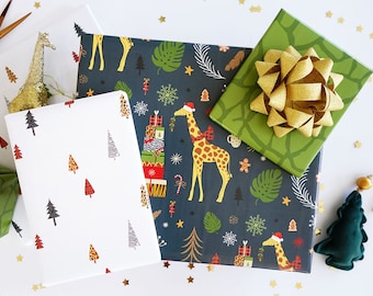 Christmas Giraffe Trio Wrapping Paper Set, Giraffe Gift Wrap, Animal Print Themed Wrapping Paper, Wrapping Paper Rolls, Gift Wrapping