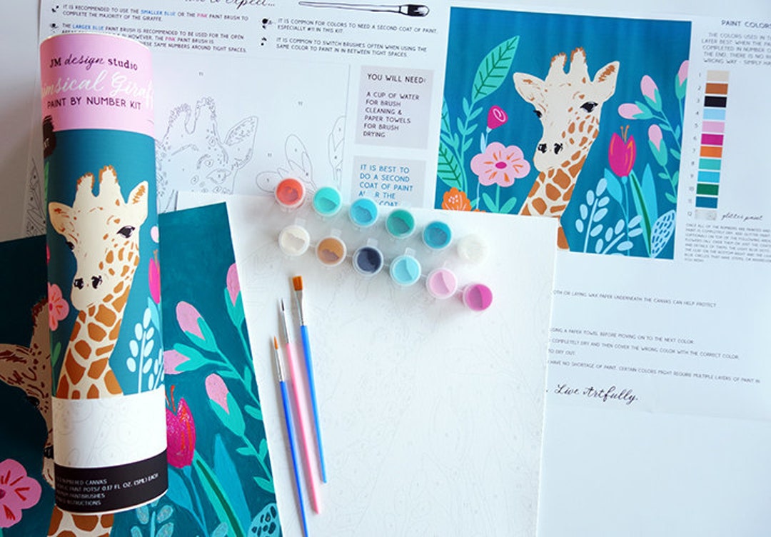 Whimsical Giraffe Paint by Number Kit, DIY Painting Kit, Acrylic Paint