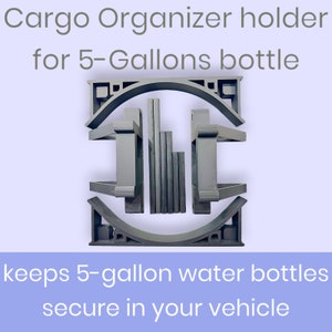 May include: Grey plastic cargo organiser holder for 5-gallon water bottles. The holder is designed to keep bottles secure in a vehicle. The holder is made of multiple pieces that fit together.