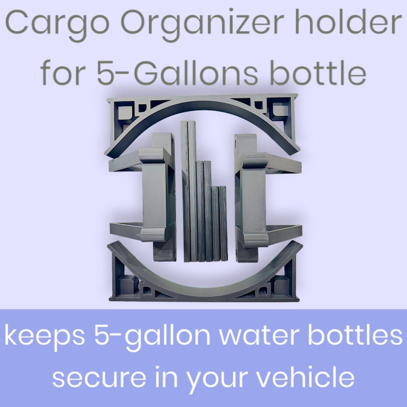 May include: Grey plastic cargo organiser holder for 5-gallon water bottles. The holder is designed to keep bottles secure in a vehicle. The holder is made of multiple pieces that fit together.
