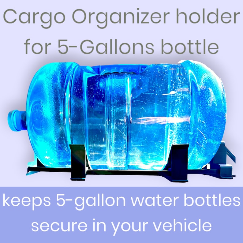 May include: A black metal holder for a 5-gallon water bottle. The holder is designed to keep the bottle secure in a vehicle. The bottle is clear and filled with water.