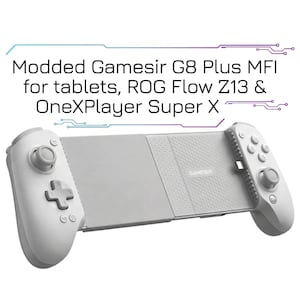 May include: A white Gamesir G8 Plus MFI controller for tablets, ROG Flow Z13, and OneXPlayer Super X. The controller has a central gray section with the brand name GAMESIR. It features a D-pad, analog sticks, and action buttons. The text "Modded Gamesir G8 Plus MFI" is visible.
