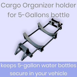 May include: A metal cargo organiser holder for 5-gallon water bottles. The holder has two curved metal supports and a metal frame with a crossbar. The holder is designed to keep water bottles secure in a vehicle.