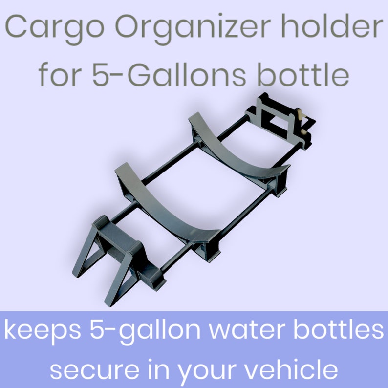 May include: A metal cargo organiser holder for 5-gallon water bottles. The holder has two curved metal supports and a metal frame with a crossbar. The holder is designed to keep water bottles secure in a vehicle.