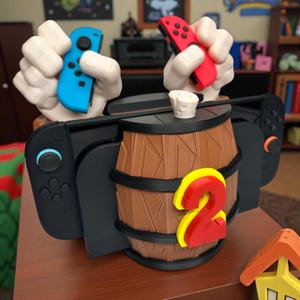 May include: A brown barrel-shaped Nintendo Switch dock with a red and yellow "2" emblem. The dock holds a black Switch console and features white hand-shaped controller holders with blue and red Joy-Cons. A small white object sits on top.