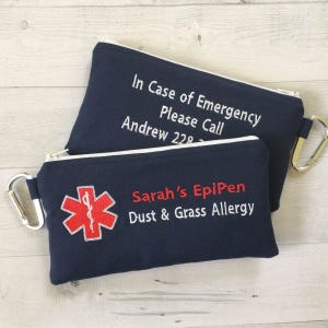 Double sided Medical Alert pouch, EpiPen Inhaler Case, Emergency Medical Bag, Allergy Alert, First Aid Kit, Zippered Pouch, Personalized image 2