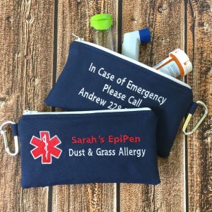 Double sided Medical Alert pouch, EpiPen Inhaler Case, Emergency Medical Bag, Allergy Alert, First Aid Kit, Zippered Pouch, Personalized image 4