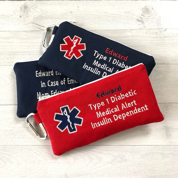 Double sided Medical Alert pouch, Type 1 diabetic, Syringe, Epipen Case, First Aid Kit, Emergency Medicine Bag,  Personalized