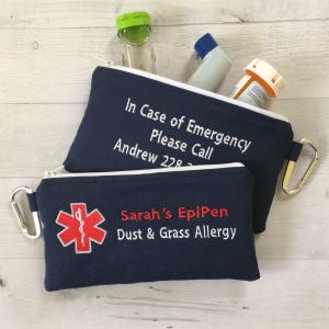 Double sided Medical Alert pouch, EpiPen Inhaler Case, Emergency Medical Bag, Allergy Alert, First Aid Kit, Zippered Pouch, Personalized image 1
