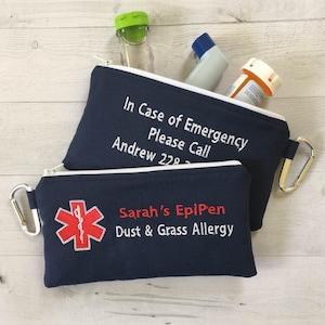 Double sided Medical Alert pouch, EpiPen Inhaler Case, Emergency Medical Bag,  Allergy Alert, First Aid Kit, Zippered Pouch, Personalized