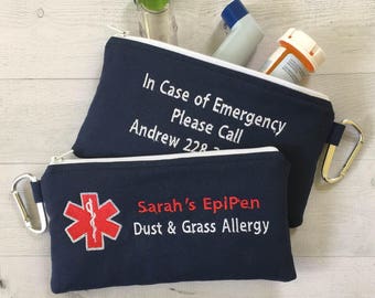 Doppelseitiger medizinischer Alarmbeutel, EpiPen Inhaler-Etui, medizinische Notfalltasche, Allergiehinweis, Verbandskasten, Reißverschlusstasche, personalisiert