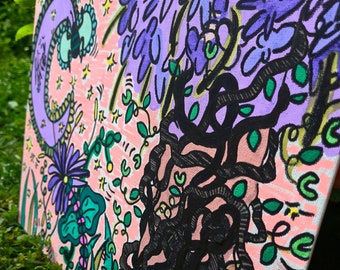Title: “purple moonlight” - Doodle Art, hand-drawn, unique piece, abstract painting, street art, canvas painting, marker art, landscape