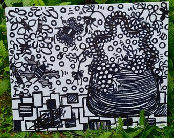 Title: „spring-grapes” - Doodle Art, hand-drawn, unique piece, abstract, street art, canvas painting, marker art, surrealistic landscape
