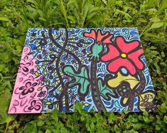 Title: „wildflowers on a rainy day” - Doodle Art, hand-drawn, unique piece, abstract painting, street art, canvas painting, marker art