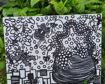 Title: „spring-grapes” - Doodle Art, hand-drawn, unique piece, abstract, street art, canvas painting, marker art, surrealistic landscape