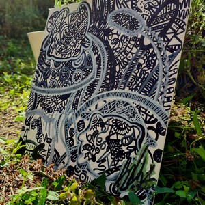 Título:“frogs'n'mushrooms”: arte de garabatos dibujados a mano, pieza única, figuras/diseño de cómic, pintura en lienzo, arte con marcadores, ranas, setas, regalo