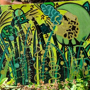 Título: “humo dorado” - Doodle Art, dibujado a mano, pieza única, arte callejero, pintura en lienzo, paisaje floral surrealista, arte con marcadores, regalo