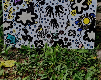 Titre : « planète pêcheur » - Doodle Art, dessiné à la main, pièce unique, peinture abstraite, street art, peinture sur toile, marqueur, galaxie, sous l'eau