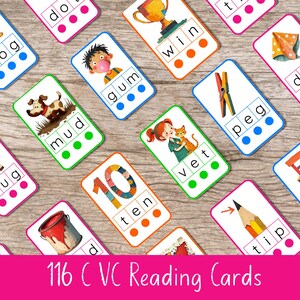 Tarjetas de lectura de vocales cortas CVC / 116 tarjetas de fonética imprimibles / A4 y tamaño carta / Actividad de alfabetización temprana en PDF