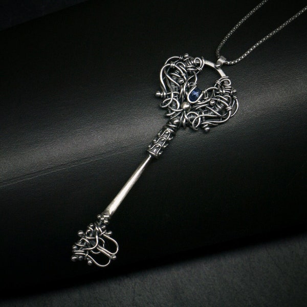 Ocean Attar - unique handcrafted silver key pendant necklace with kyanite