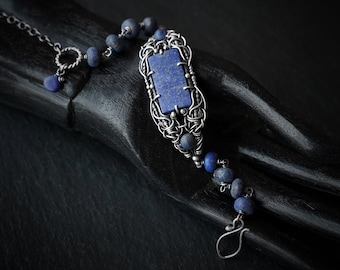 Treasure of the Night Sky  - unique hand made silver half bangle bracelet with matte lapis lazuli