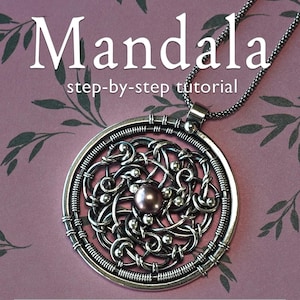 May include: A silver pendant with a mandala design, featuring a central pearl and intricate wirework. The pendant hangs from a silver chain. The image includes text that reads "Mandala step-by-step tutorial".