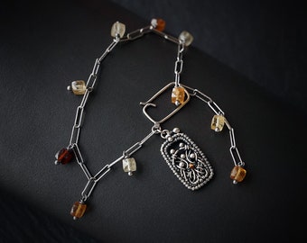 Honey Cubes - unique handmade lightweight geometric silver bracelet with hessonite garnet