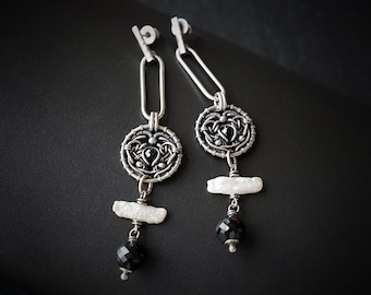 Dot Dash - unique handcrafted silver earrings with black spinel and pearls