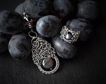 Dark Sweetness - unique handmade silver necklace and ring jewelry set with pearls