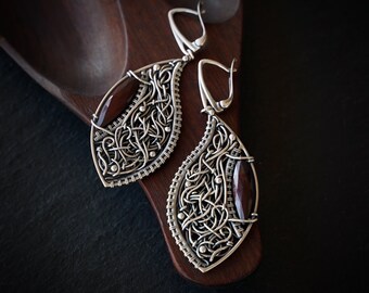 Maroon Black - unique handcrafted silver earrings with moukaite