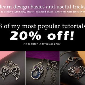 May include: Three silver wire jewelry tutorials featuring a pair of heart-shaped earrings, a pendant with a blue gemstone, and a heart-shaped necklace with a pink gemstone. The text "20% off!" is displayed above the image.