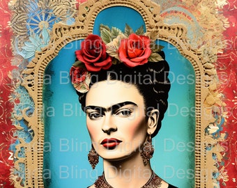 Frida Kahlo Collage #3 of 4 large image printable original art   POD Use Is OK    fabric blocks journal pages t-shirts notebooks