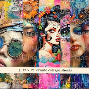 5 hojas de 12 x 12 Fab Faces Mixed Media Collage para atcs de diario, álbumes de recortes, tarjetas de regalo y joyas Descarga instantánea al momento de la compra