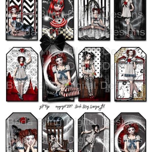 Chicas góticas, Pierrot, payasos, Steampunk, tags, descarga instantánea Digital de regalo, etiquetas medida 3 1/4 x 2 1/4 pulgadas, para imprimir etiquetas de regalo