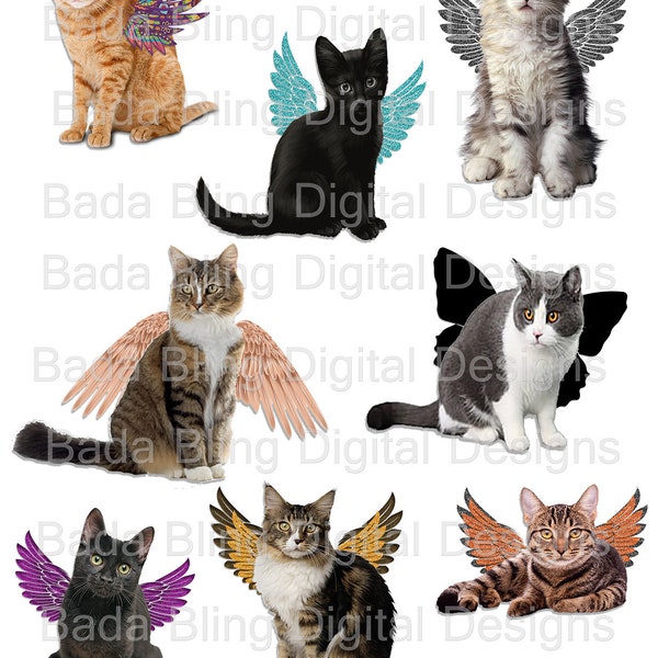 Winged Cats and Kittens, digital collage sheet of cats with gorgeous wings,  INSTANT  Digital Download,2 files JPEG and PNG formats