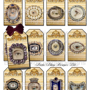 May include: Ten printable gift tags featuring Victorian-style images of eyes in ornate frames. The tags are on a gold background with white stripes. The text "Victorian Lover's Eye gift tags" is at the top of the image. The text "Bada Bling Designs Ltd" is in the middle of the image. The text "Thanks so much for your patronage" is at the bottom of the image.