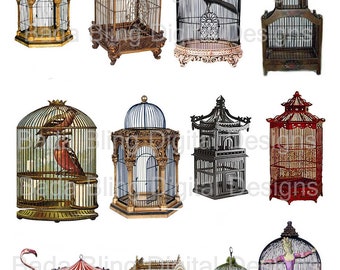 Bird Cages, a digital collage sheet for atcs, journal pages, cards, gift tags and more, INSTANT Digital Download at Checkout, birds, ravens