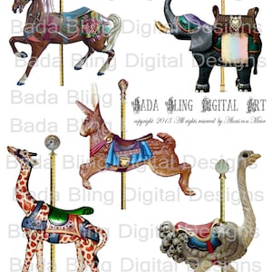 Carrusel Critters hoja 2 de 2, arte alterado hojas de collage digital INSTANT Digital Descargar en checkout,carrusel,circo,carnaval