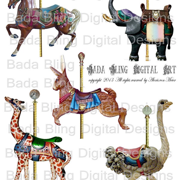 Carousel Critters sheet 2 of 2, altered art digital collage sheets  INSTANT  Digital Download at Checkout,carousel,circus,carnival
