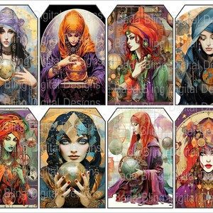 Etiquetas de regalo imprimibles Gaze Into My Crystal Ball, páginas de diario de arte originales, diarios basura, páginas de diario boho, etiquetas de regalo boho, adivinos