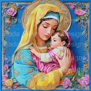 Madonna y el Niño n.° 2 de 12 obras de arte en técnica mixta DESCARGA INMEDIATA, hojas de collage religioso, imágenes católicas de tamaño 12 x 12 y 8 x 8 imágenes religiosas