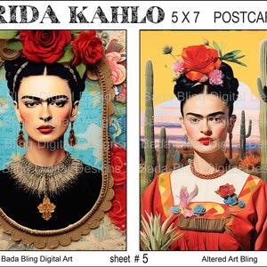 FRIDA Postkarten #5 original Kunst druckbare Postkarten digitale Collage Bogen INSTANT Digital Downloads mexikanische Künstlerin Frida jedes Bild ist 5 x 7