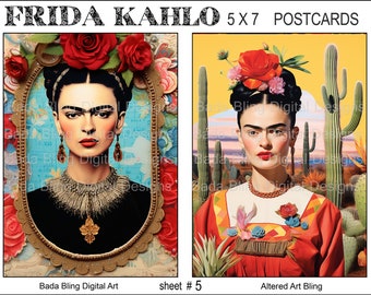Cartes postales FRIDA #5 feuilles de collage numérique de cartes postales imprimables d'art originales Téléchargements numériques instantanés Artiste mexicaine Frida, chaque image mesure 5 x 7